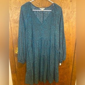 Terra & Sky Plus Pleated Green Blue Black Leopard Long Sleeve Dress Size 0X